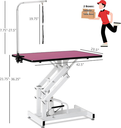 Hydraulic Dog Pet Grooming Table, 42 Inch Heavy Duty Professional Pet Grooming Station 21'' -36'' Height Adjustable for Small Medium Large Dog at Home with Clamps and Grooming Noose, Pink