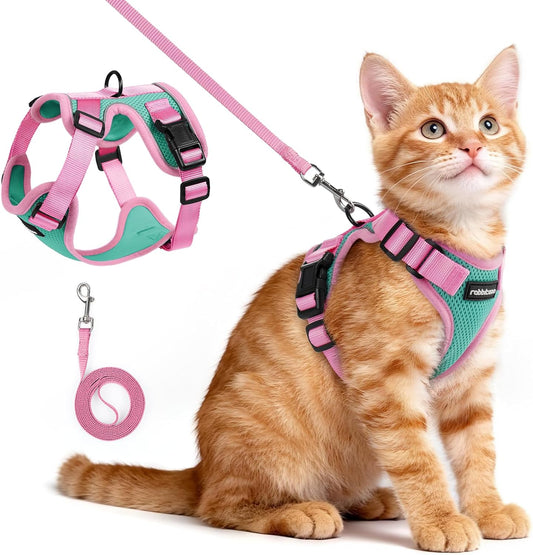 Cat Harness and Leash Set, Escape Proof, Green & Pink | Adjustable Fit, Snap Buckles, Soft Breathable Vest, Secure Clip, Reflective Strips, for Small & Average Cats Walks, Xs
