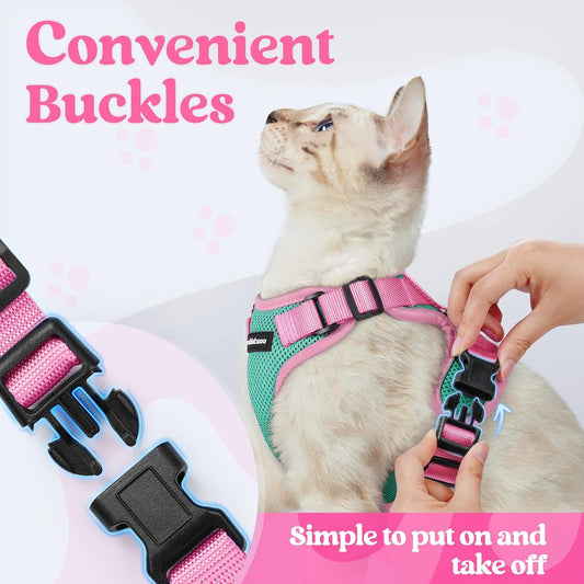 Cat Harness and Leash Set, Escape Proof, Green & Pink | Adjustable Fit, Snap Buckles, Soft Breathable Vest, Secure Clip, Reflective Strips, for Small & Average Cats Walks, Xs