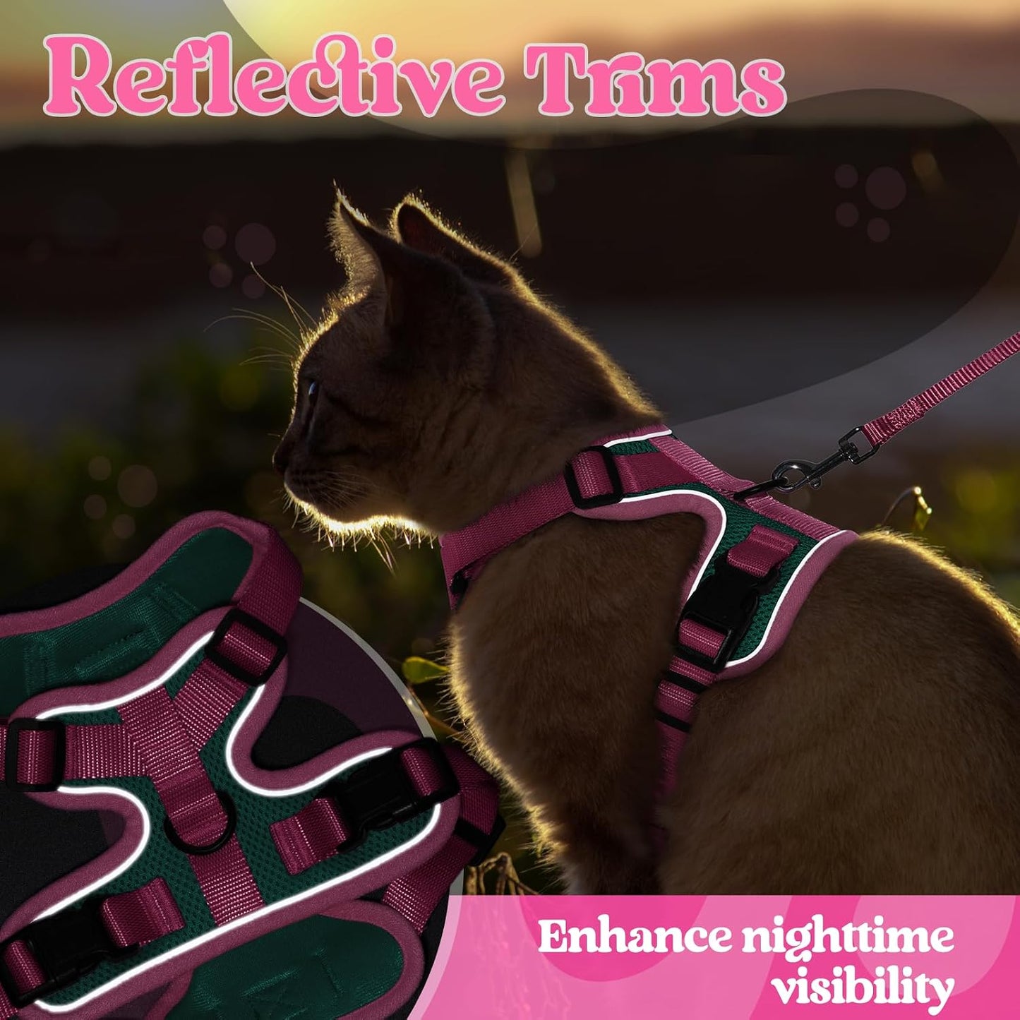 Cat Harness and Leash Set, Escape Proof, Green & Pink | Adjustable Fit, Snap Buckles, Soft Breathable Vest, Secure Clip, Reflective Strips, for Small & Average Cats Walks, Xs