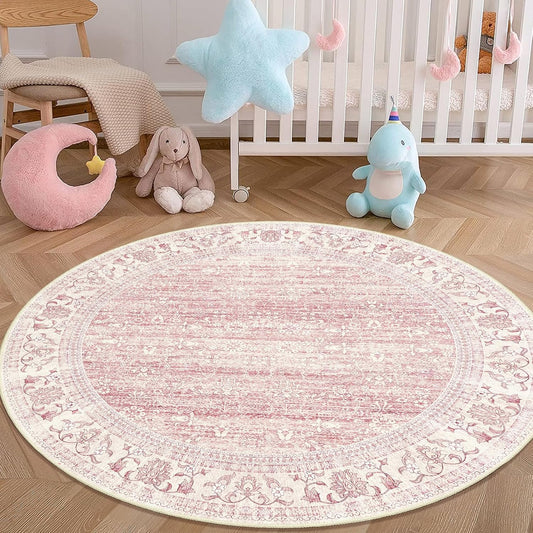 Pink Round Rug 4ft, Washable Boho Area Rug for Bedroom Living Room
