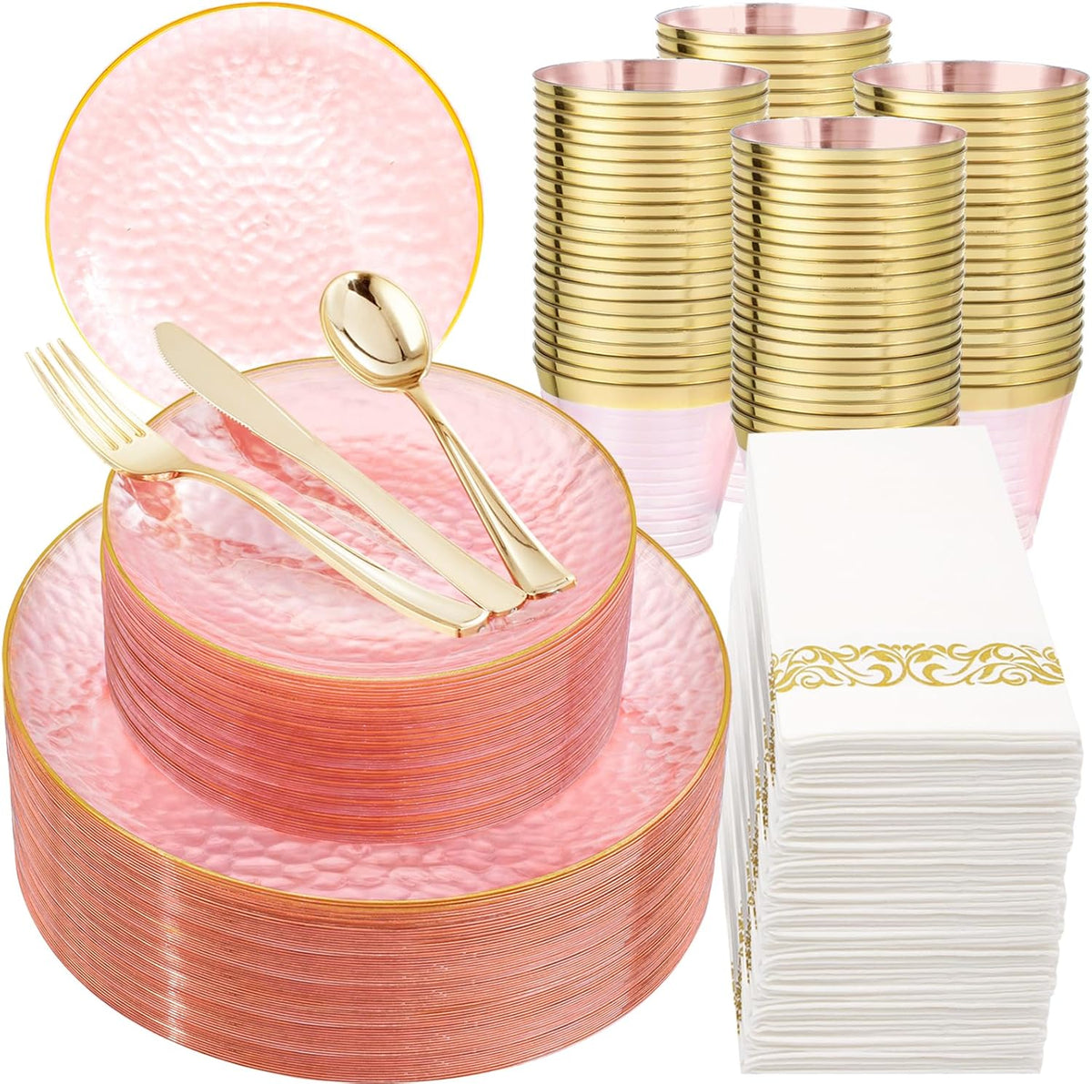 DaYammi 350PCS Clear Pink Plastic Dinnerware Set for 50 Guests