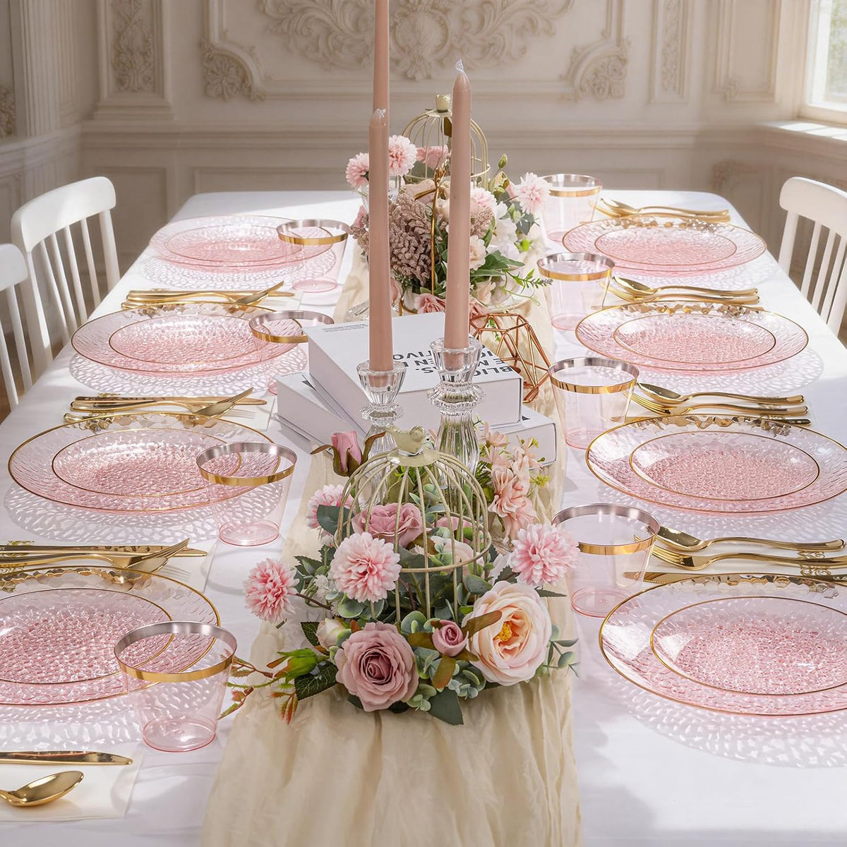 DaYammi 350PCS Clear Pink Plastic Dinnerware Set for 50 Guests