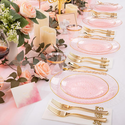 DaYammi 350PCS Clear Pink Plastic Dinnerware Set for 50 Guests