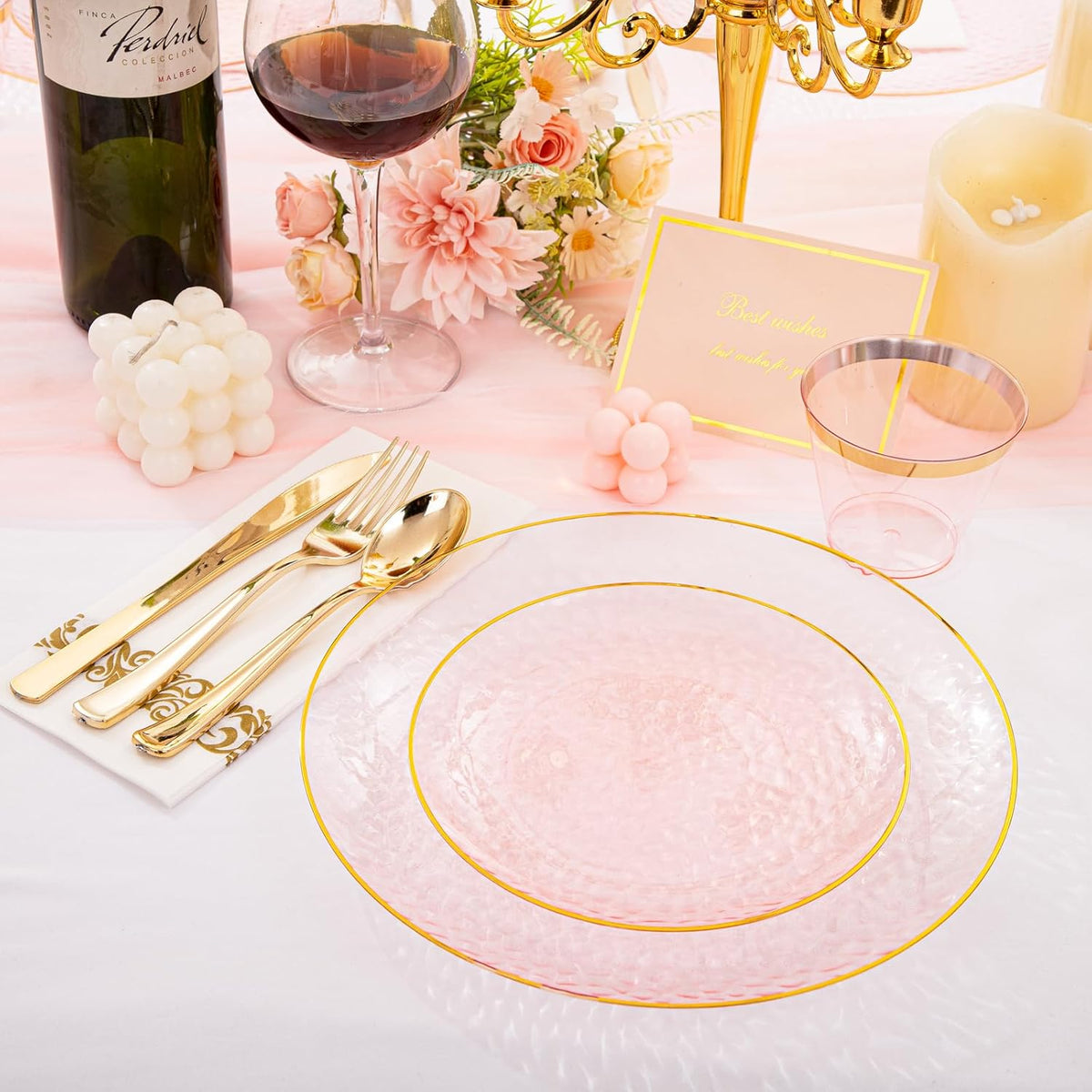DaYammi 350PCS Clear Pink Plastic Dinnerware Set for 50 Guests