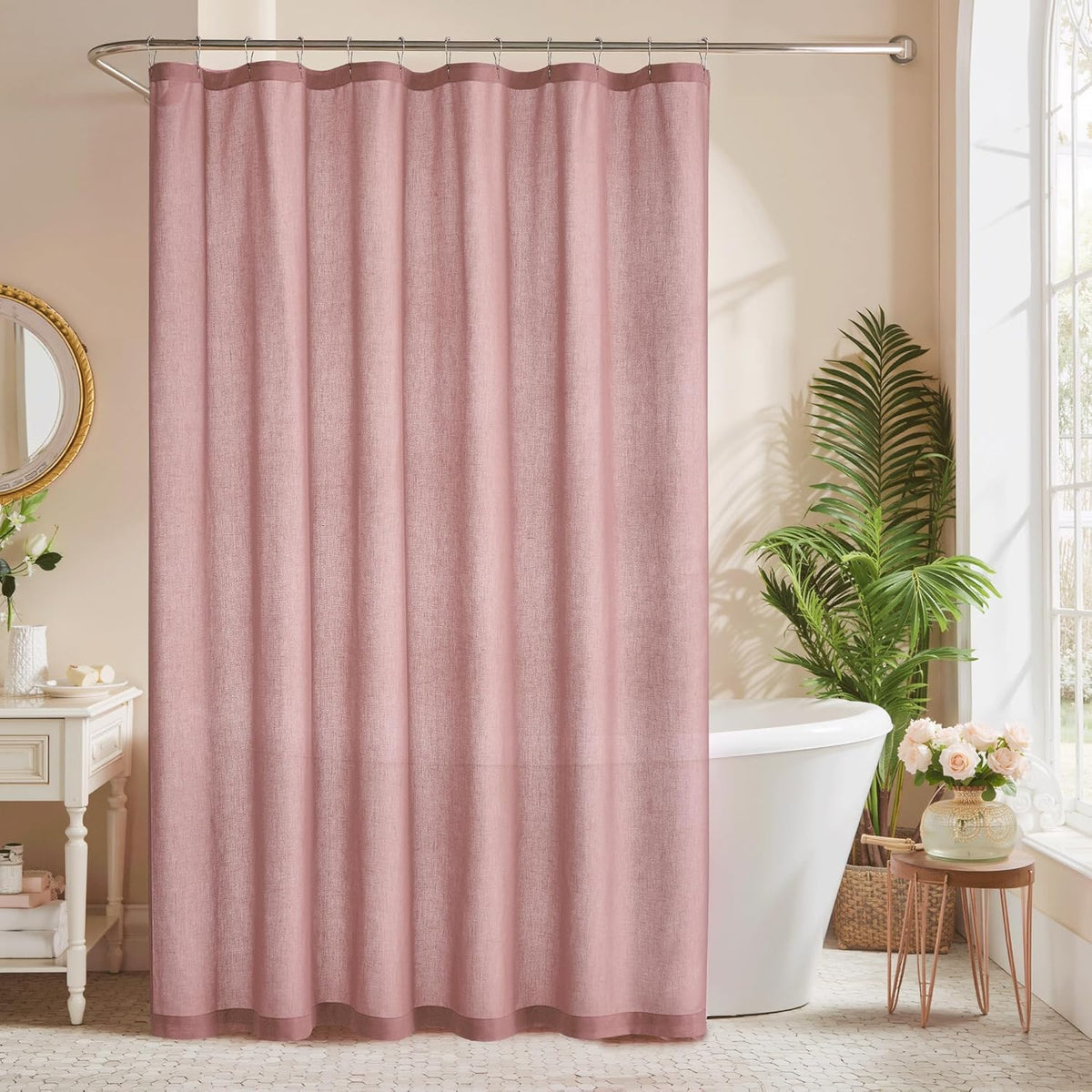 Linen Fabric Shower Curtains-Semi Sheer Button Hole Lightweight Waterproof Privacy Linen Blend Shower Curtains Sets for Nursery Bathroom with 12 Hooks, 72 x 84 inches Long, Dusty Pink, 1 Panel