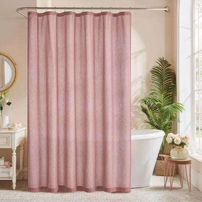 Linen Fabric Shower Curtains-Semi Sheer Button Hole Lightweight Waterproof Privacy Linen Blend Shower Curtains Sets for Nursery Bathroom with 12 Hooks, 72 x 84 inches Long, Dusty Pink, 1 Panel