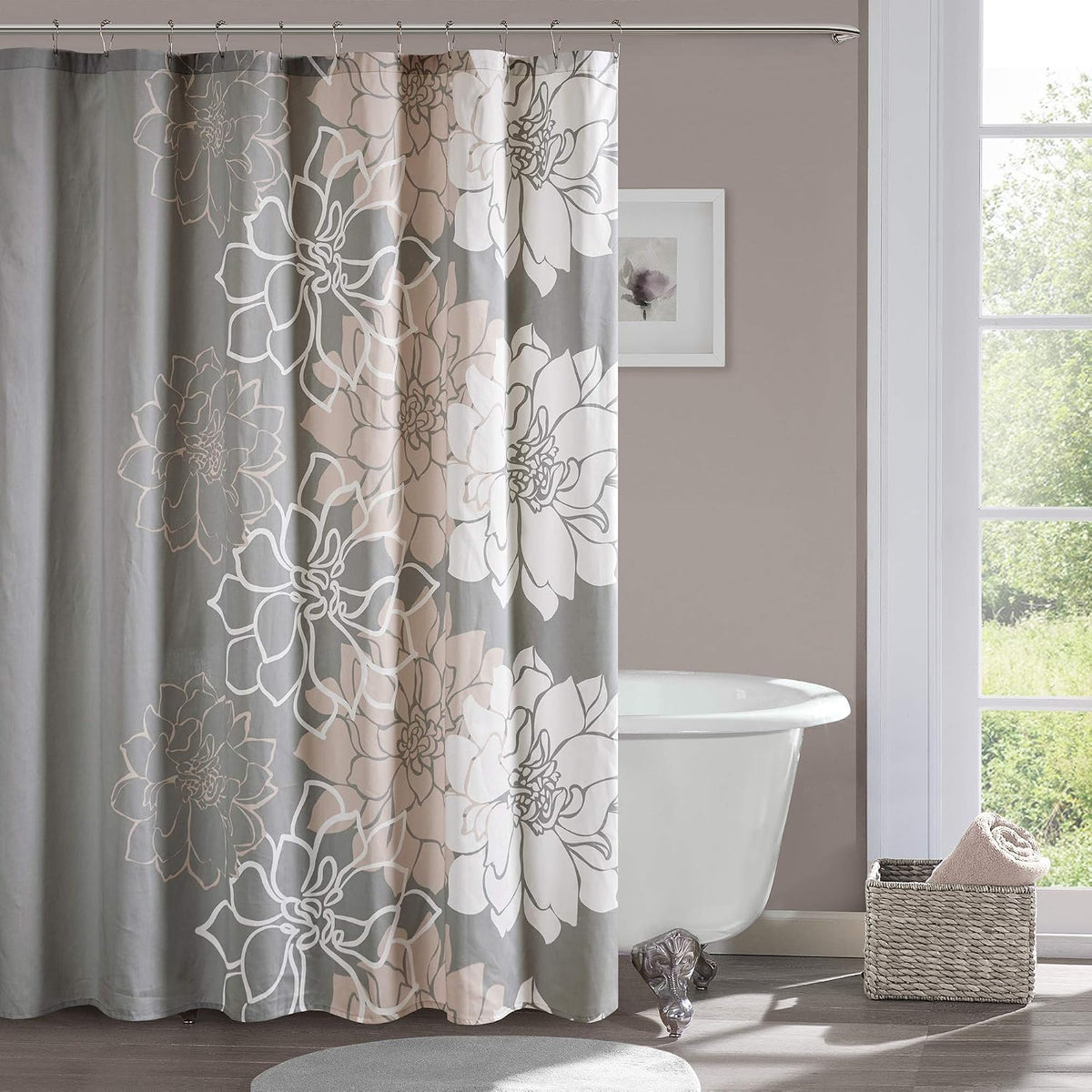 Cotton Casual Floral Shower Curtain, 72"x72", Grey/Peach