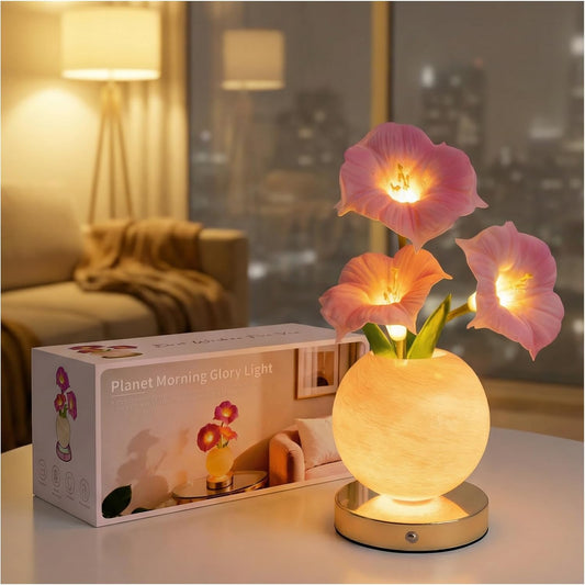 Pink Morning Glory Lamp – Rechargeable Wireless Touch-Control Dimmable Faux Flower Desk Light, LED Glass Planet Vase Night Light, Kitchen Bedroom Office Decor, Housewarming Gift Women and Mom
