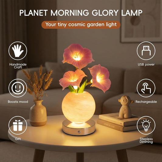 Pink Morning Glory Lamp – Rechargeable Wireless Touch-Control Dimmable Faux Flower Desk Light, LED Glass Planet Vase Night Light, Kitchen Bedroom Office Decor, Housewarming Gift Women and Mom