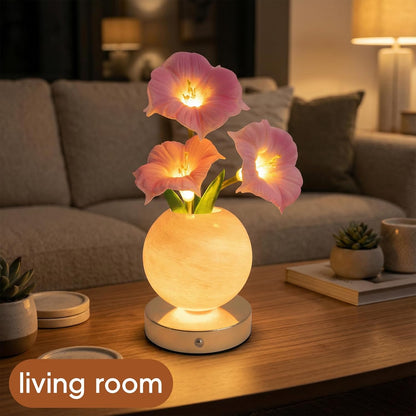 Pink Morning Glory Lamp – Rechargeable Wireless Touch-Control Dimmable Faux Flower Desk Light, LED Glass Planet Vase Night Light, Kitchen Bedroom Office Decor, Housewarming Gift Women and Mom