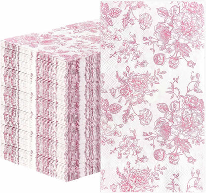 50 Pieces 3-ply Pink Floral Napkins Disposable 13 x 15.7 Inches Guest Bathroom Napkins Disposable Hand Towels for Bathroom Wedding Birthday Party Paper Dinner Napkin