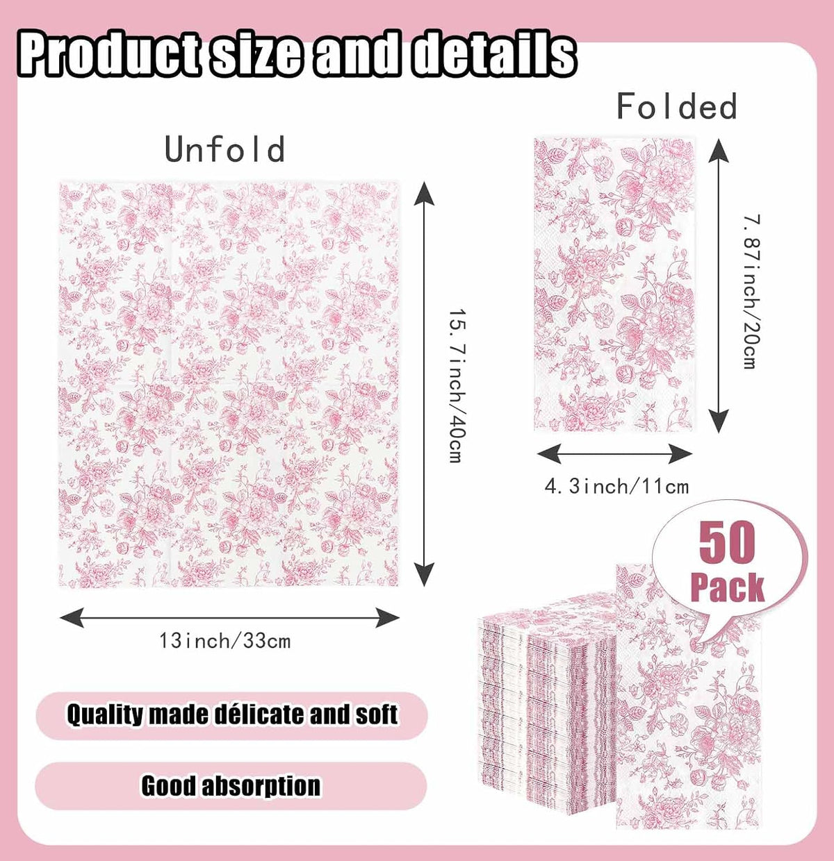 50 Pieces 3-ply Pink Floral Napkins Disposable 13 x 15.7 Inches Guest Bathroom Napkins Disposable Hand Towels for Bathroom Wedding Birthday Party Paper Dinner Napkin