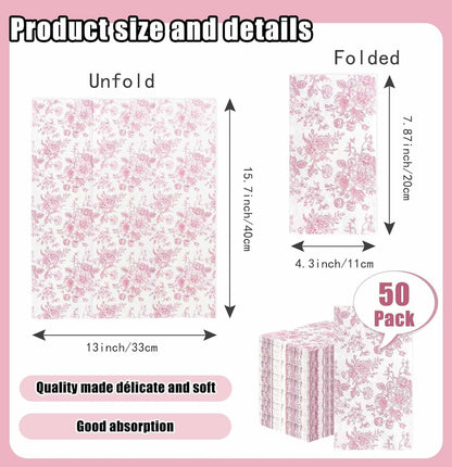 50 Pieces 3-ply Pink Floral Napkins Disposable 13 x 15.7 Inches Guest Bathroom Napkins Disposable Hand Towels for Bathroom Wedding Birthday Party Paper Dinner Napkin
