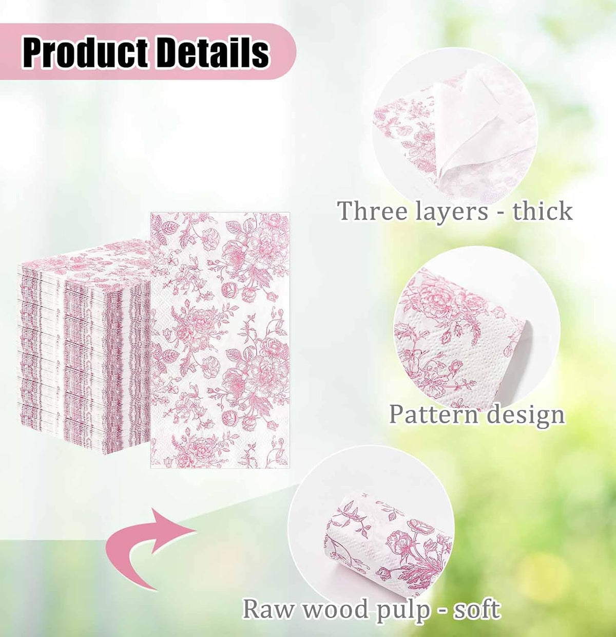 50 Pieces 3-ply Pink Floral Napkins Disposable 13 x 15.7 Inches Guest Bathroom Napkins Disposable Hand Towels for Bathroom Wedding Birthday Party Paper Dinner Napkin