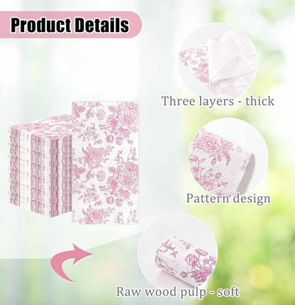 50 Pieces 3-ply Pink Floral Napkins Disposable 13 x 15.7 Inches Guest Bathroom Napkins Disposable Hand Towels for Bathroom Wedding Birthday Party Paper Dinner Napkin