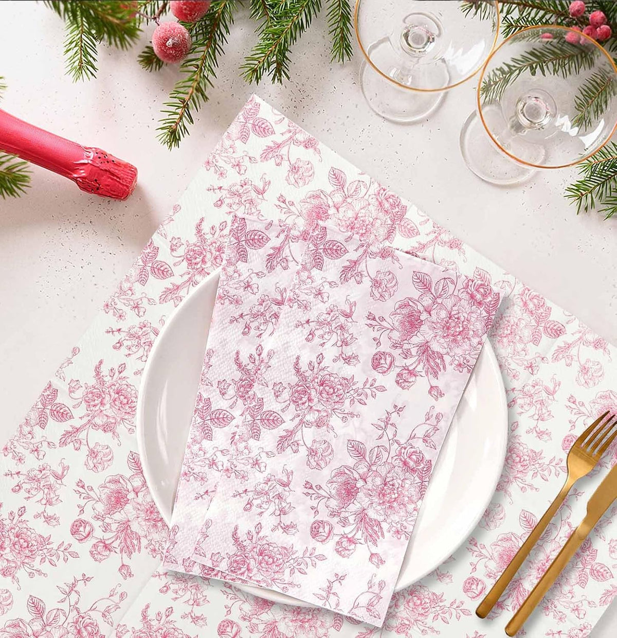 50 Pieces 3-ply Pink Floral Napkins Disposable 13 x 15.7 Inches Guest Bathroom Napkins Disposable Hand Towels for Bathroom Wedding Birthday Party Paper Dinner Napkin