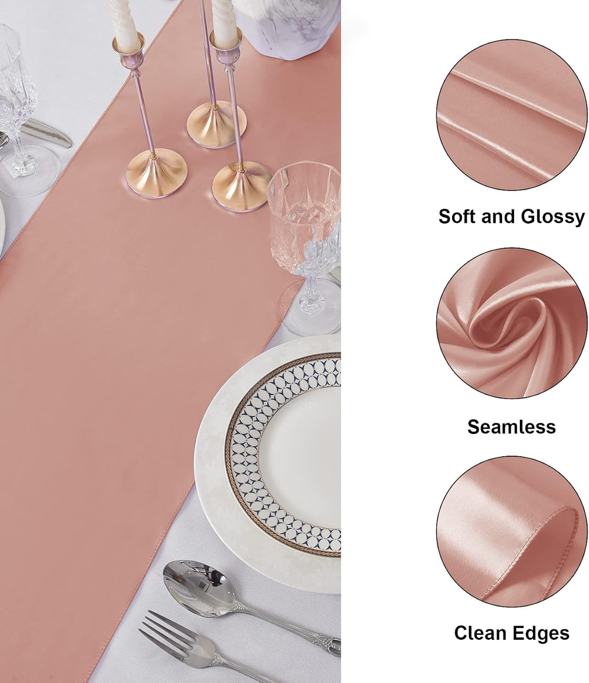 6Pack Table Runner 12 x 108 Inches Satin Silk Table Runner for Wedding, Birthday Party, Banquets, Graduations Decoration, fit Rectange and Round Table-Rose Gold