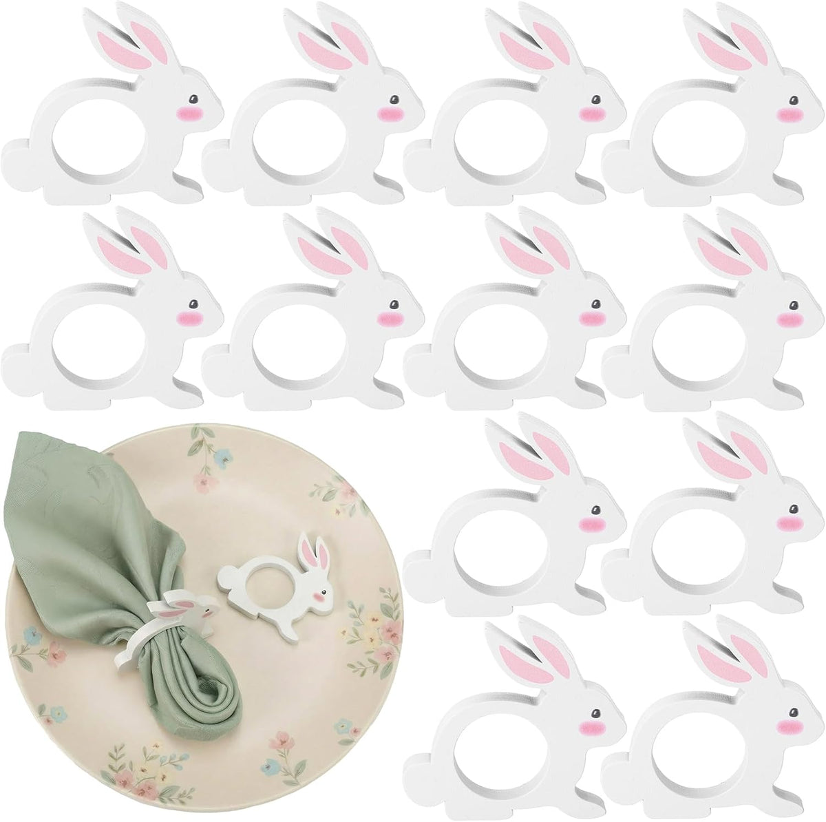 12 Pcs Pink White Easter Bunny Napkin Rings Wooden Bunnys Napkin Rings Handmade Rabbit Dinner Paper Holders for Easter Spring Party Banquet Dinning Table Decoration (Bunny Ear)