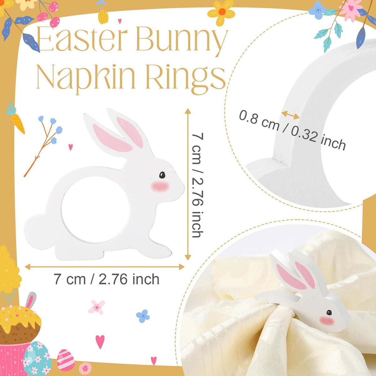 12 Pcs Pink White Easter Bunny Napkin Rings Wooden Bunnys Napkin Rings Handmade Rabbit Dinner Paper Holders for Easter Spring Party Banquet Dinning Table Decoration (Bunny Ear)