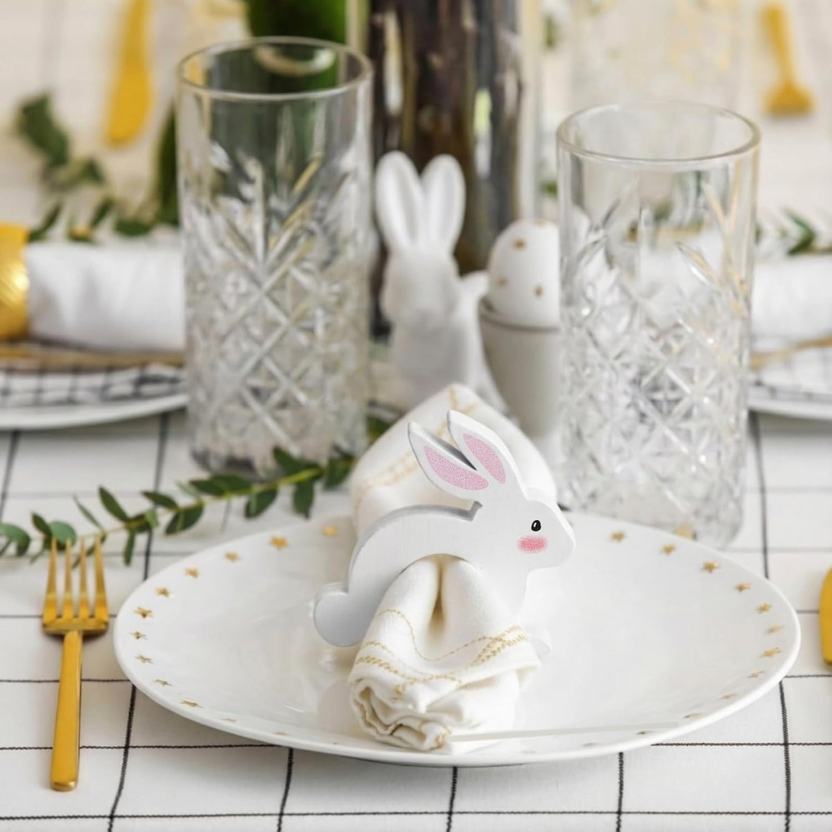 12 Pcs Pink White Easter Bunny Napkin Rings Wooden Bunnys Napkin Rings Handmade Rabbit Dinner Paper Holders for Easter Spring Party Banquet Dinning Table Decoration (Bunny Ear)