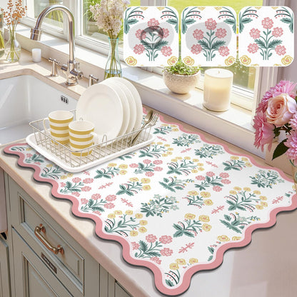 Scalloped Floral Dish Drying Mat, 18"x24" Coffee Mat Pink Pastoral