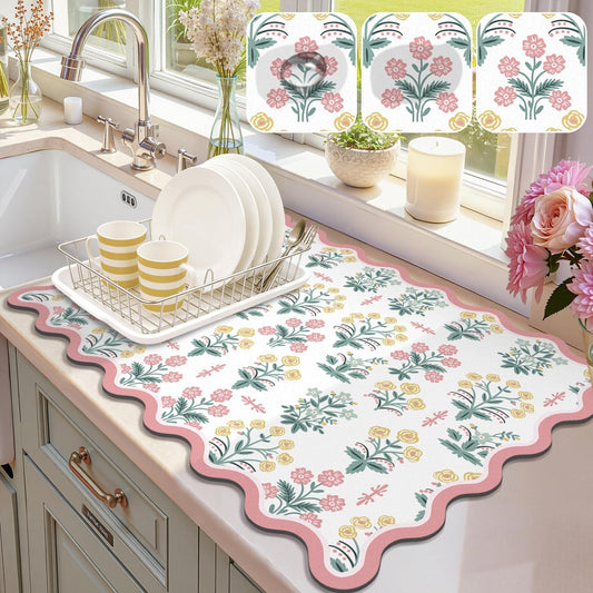 Scalloped Floral Dish Drying Mat, 18"x24" Coffee Mat Pink Pastoral