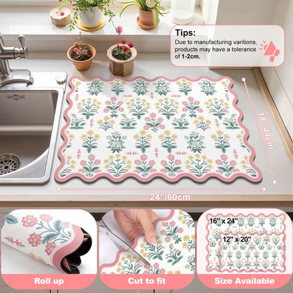 Scalloped Floral Dish Drying Mat, 18"x24" Coffee Mat Pink Pastoral