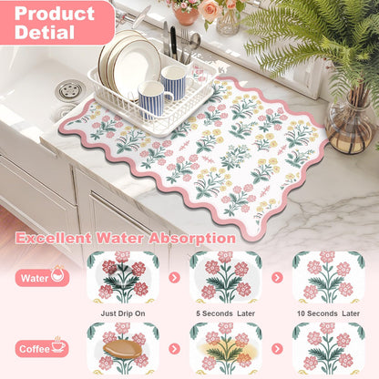 Scalloped Floral Dish Drying Mat, 18"x24" Coffee Mat Pink Pastoral