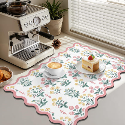 Scalloped Floral Dish Drying Mat, 18"x24" Coffee Mat Pink Pastoral