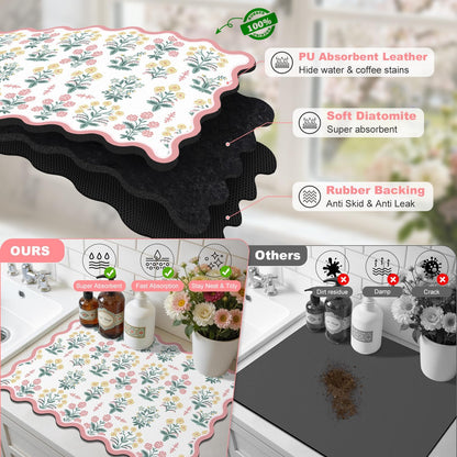 Scalloped Floral Dish Drying Mat, 18"x24" Coffee Mat Pink Pastoral
