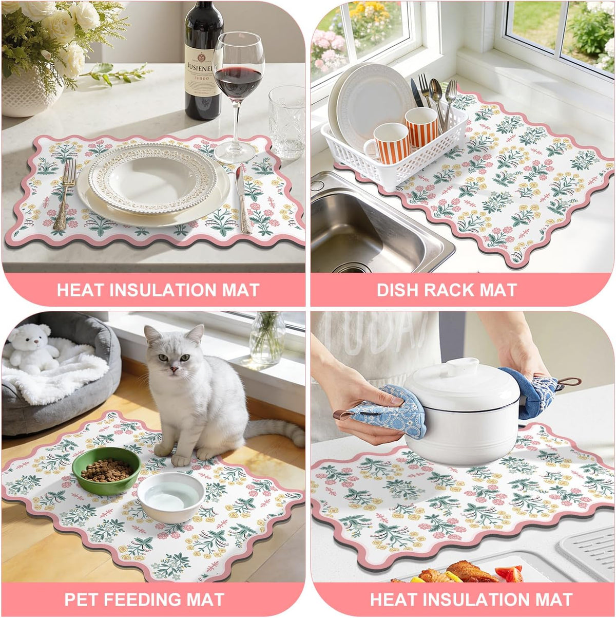 Scalloped Floral Dish Drying Mat, 18"x24" Coffee Mat Pink Pastoral