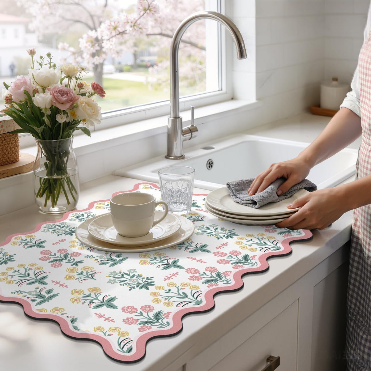 Scalloped Floral Dish Drying Mat, 18"x24" Coffee Mat Pink Pastoral