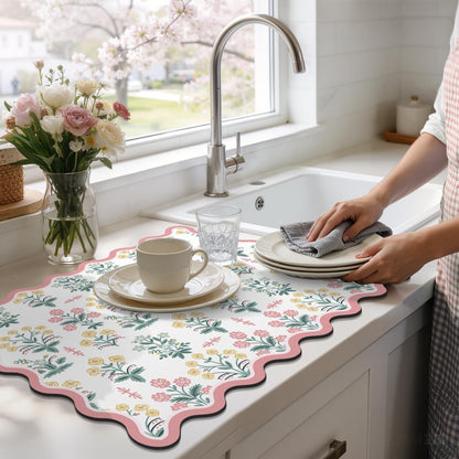 Scalloped Floral Dish Drying Mat, 18"x24" Coffee Mat Pink Pastoral