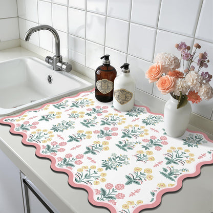 Scalloped Floral Dish Drying Mat, 18"x24" Coffee Mat Pink Pastoral