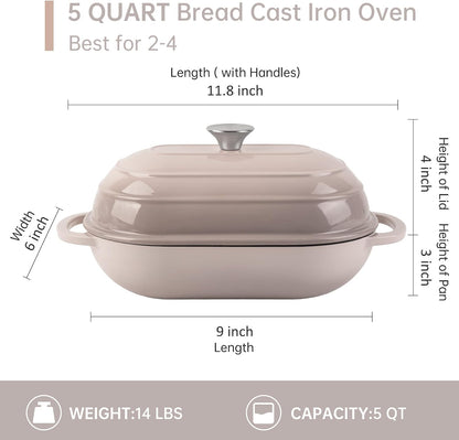 Premium Enameled Cast Iron Dutch Oven for Bread Baking | Non-Stick 2QT Oval Bread Oven with Lid | Perfect for Sourdough, Loaf, and Artisan Baking (Gradient Pink, 5 QT)