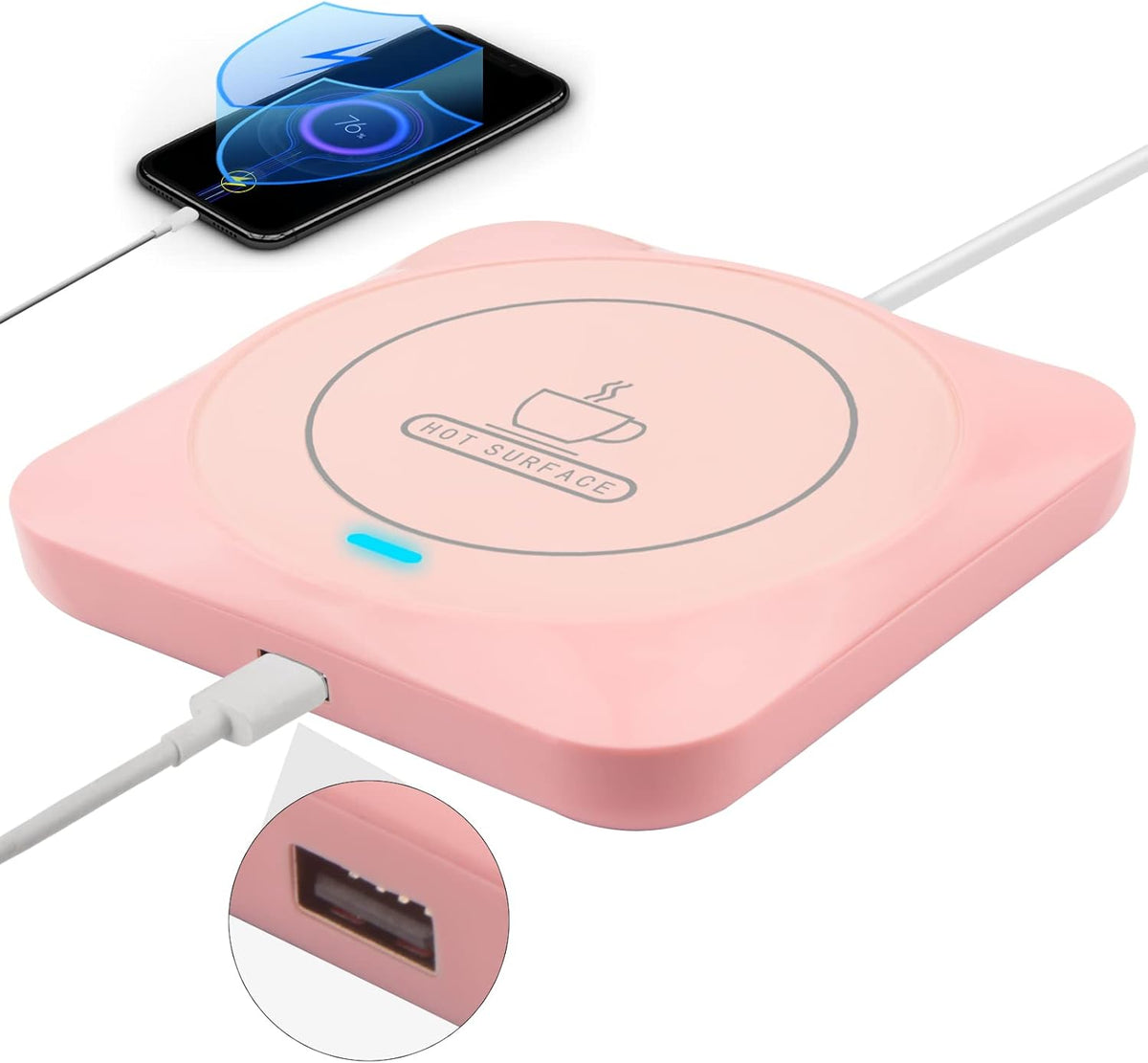 USB : Candle Wax Warmer Smart Electric Cup Warmer Charge for Phone Home Desk Office Use Beverage Heating Plate with Gravity Switch for Hot Cocoa Milk Tea Water Pink