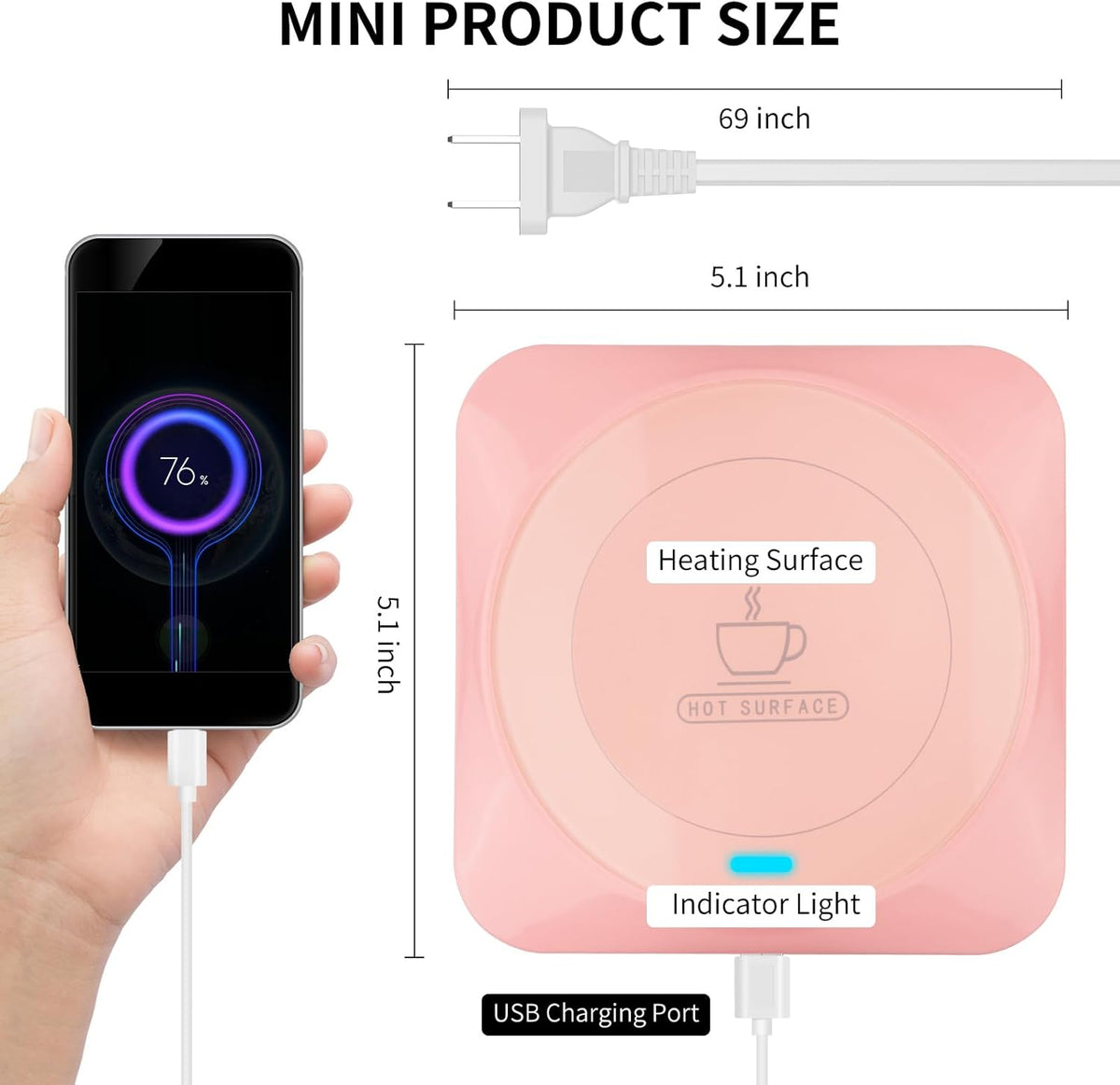 USB : Candle Wax Warmer Smart Electric Cup Warmer Charge for Phone Home Desk Office Use Beverage Heating Plate with Gravity Switch for Hot Cocoa Milk Tea Water Pink