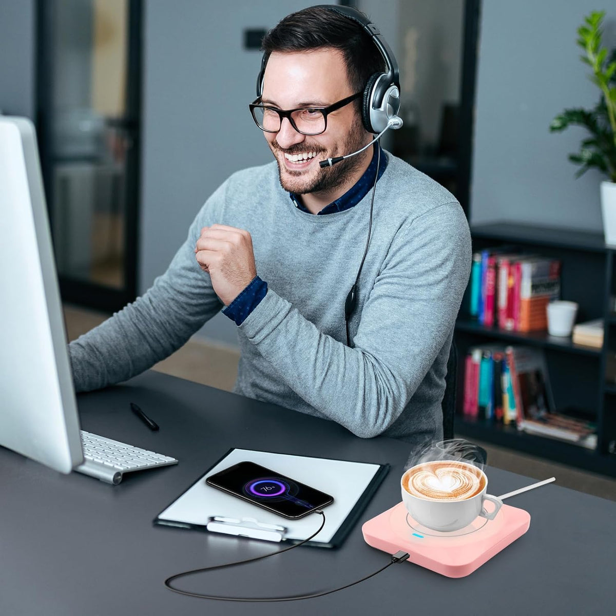 USB : Candle Wax Warmer Smart Electric Cup Warmer Charge for Phone Home Desk Office Use Beverage Heating Plate with Gravity Switch for Hot Cocoa Milk Tea Water Pink