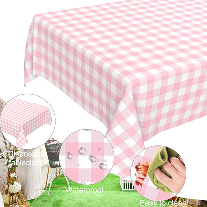 2 Pcs Pink Gingham Tablecloth, Disposable Plastic Pink Checkered Table Cloth, Pink & White Plaid Table Cover for Outdoor Picnic, Wedding, Baby & Bridal Shower, Birthday Party (54 x 108 Inch)