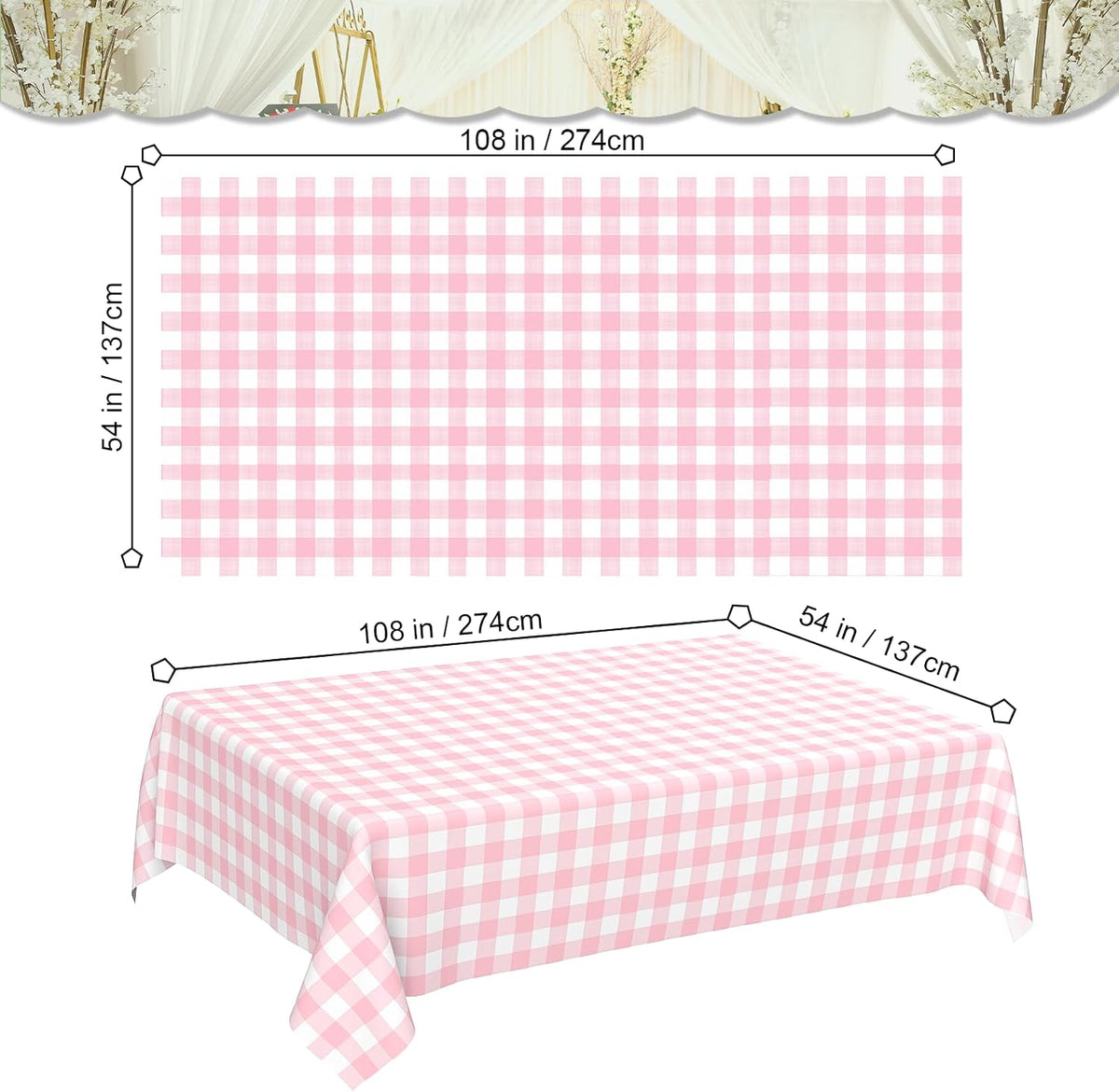 2 Pcs Pink Gingham Tablecloth, Disposable Plastic Pink Checkered Table Cloth, Pink & White Plaid Table Cover for Outdoor Picnic, Wedding, Baby & Bridal Shower, Birthday Party (54 x 108 Inch)