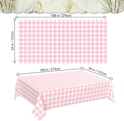 2 Pcs Pink Gingham Tablecloth, Disposable Plastic Pink Checkered Table Cloth, Pink & White Plaid Table Cover for Outdoor Picnic, Wedding, Baby & Bridal Shower, Birthday Party (54 x 108 Inch)