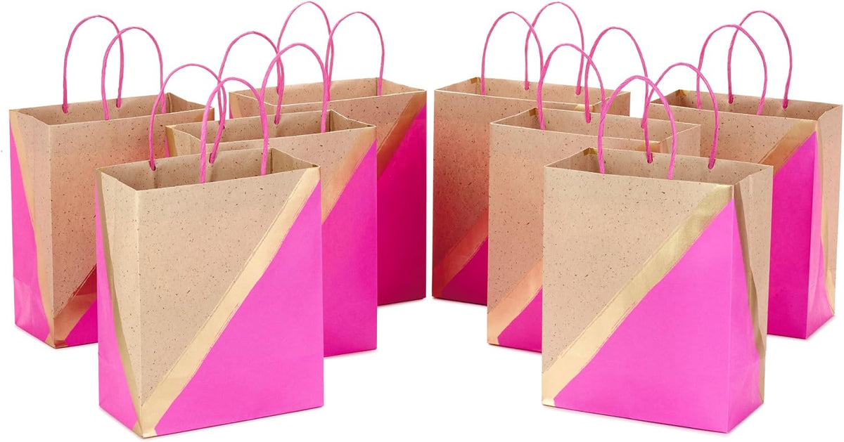 9" Medium Paper Gift Bags, 8-Pack (Pink & Kraft)