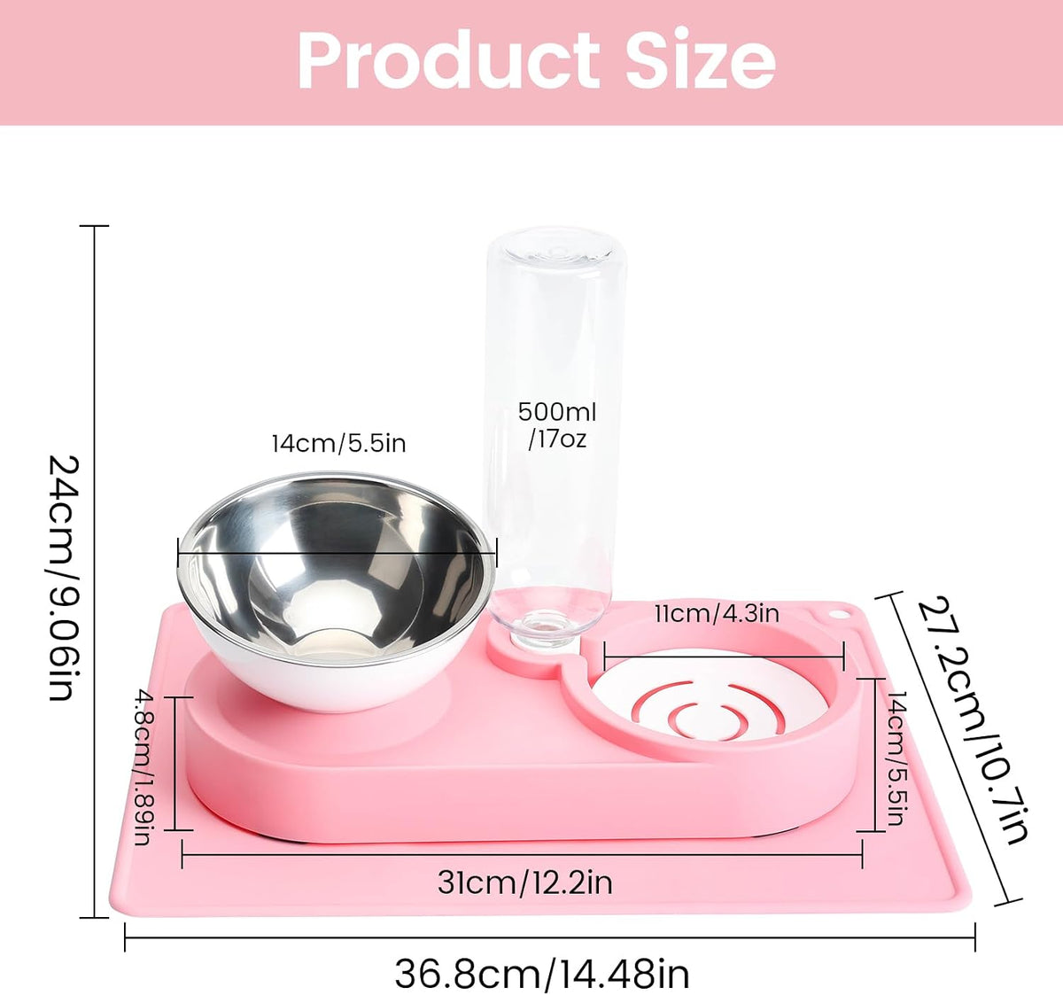 Double Elevated Dog Cat Food Water Bowls, Stainless Steel Cat Food Water Bowl with No-Spill Mat, Raised Tilted Dishes for Indoor Kitten, Puppies, Small or Medium Size Dogs Cats, Pink