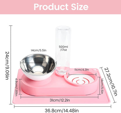 Double Elevated Dog Cat Food Water Bowls, Stainless Steel Cat Food Water Bowl with No-Spill Mat, Raised Tilted Dishes for Indoor Kitten, Puppies, Small or Medium Size Dogs Cats, Pink