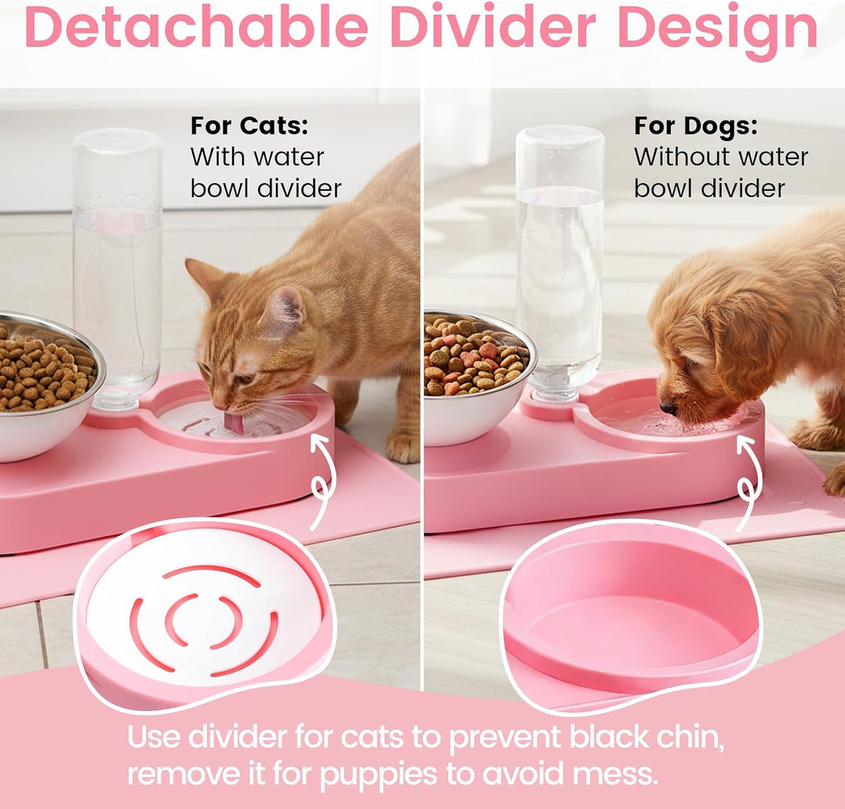 Double Elevated Dog Cat Food Water Bowls, Stainless Steel Cat Food Water Bowl with No-Spill Mat, Raised Tilted Dishes for Indoor Kitten, Puppies, Small or Medium Size Dogs Cats, Pink