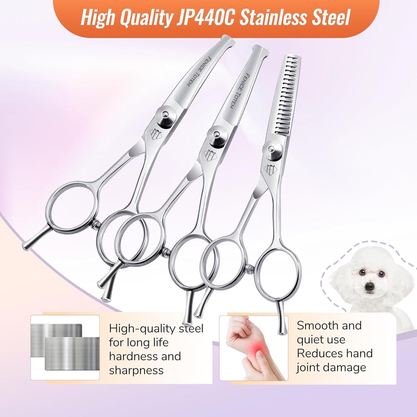 Dog Grooming Scissors: 3 in 1 Pet Shears Set Made of Advanced JP440C Stainless Steel Alloy for Trimming Dogs Cats and Other Pets Face and Paws