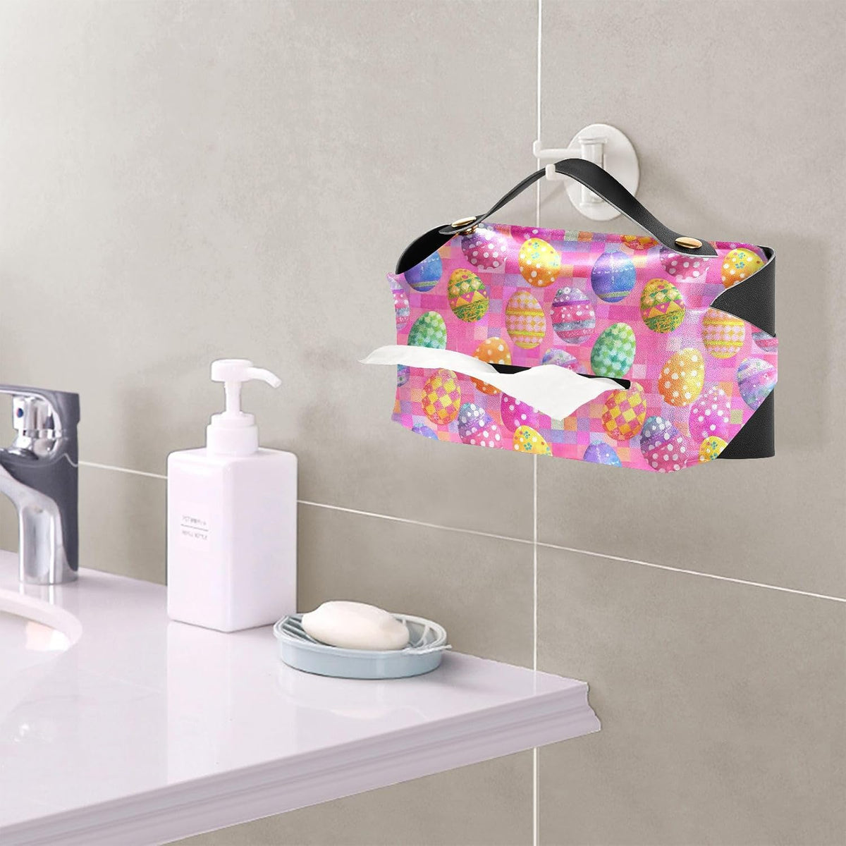 Tissue Box 1 pc Leather Tissue Box Cover 5.7 x 5.7 in Tissue Box Cover Square Car Tissue Holder for Car Bathroom Living Room Decor and Accessories Pink Checkerboard Easter Egg
