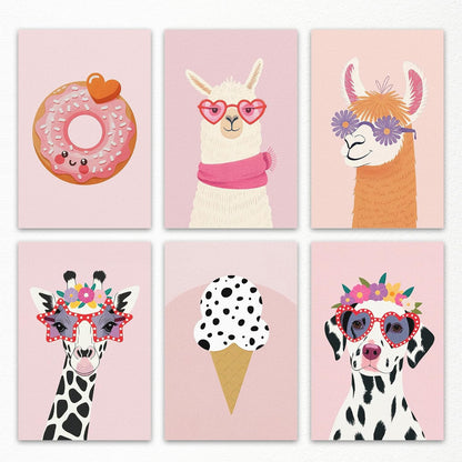 6pcs Pastel Pink Nursery Canvas Wall Art, Fashion Sunglasses Wearing Animal Poster, Cute Dog Giraffe Alpaca Kis Room Picture, Playful Ice Cream & Donut Print for Girls Playroom 8x12in Unframed