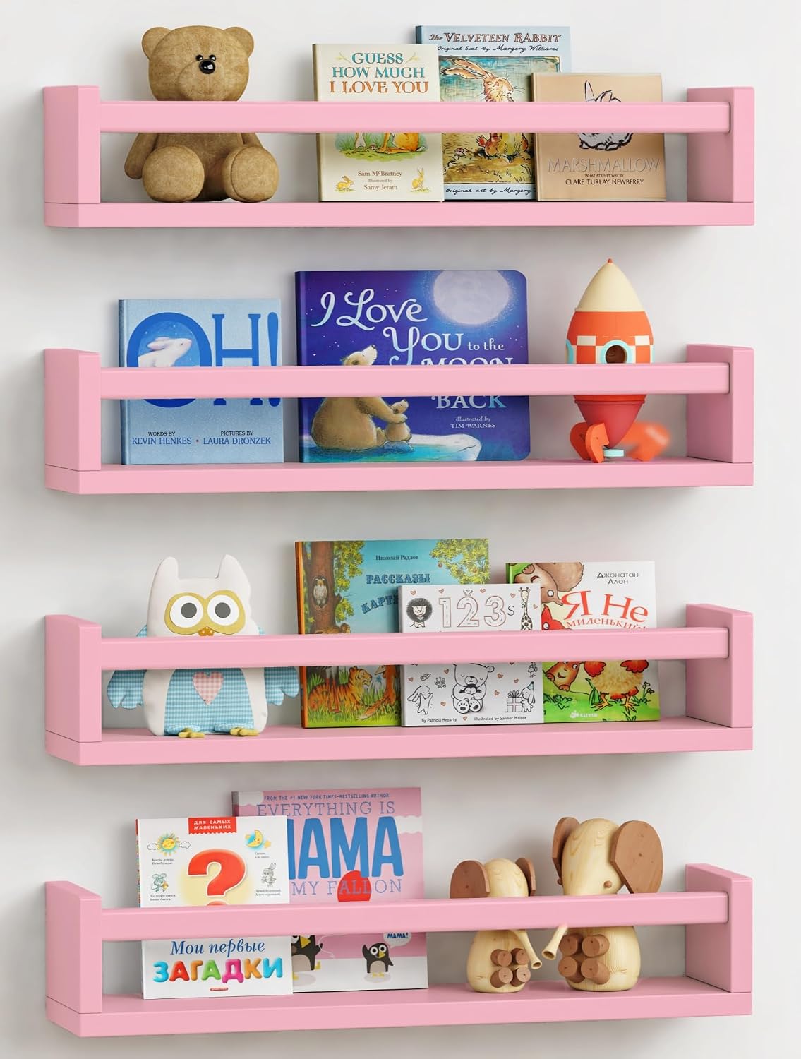 Pink Nursery Floating Shelves for Wall, Small Kids Wall Bookshelf for Baby Toddler Girls Room, Wood Nursery Hanging Book Shelves for Childrens Bedroom Toys Storage Organizer (Set of 4, Pink)